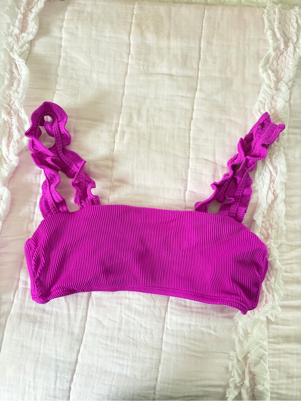 No Boundaries Magenta Ribbed Ruffle Bikini Top